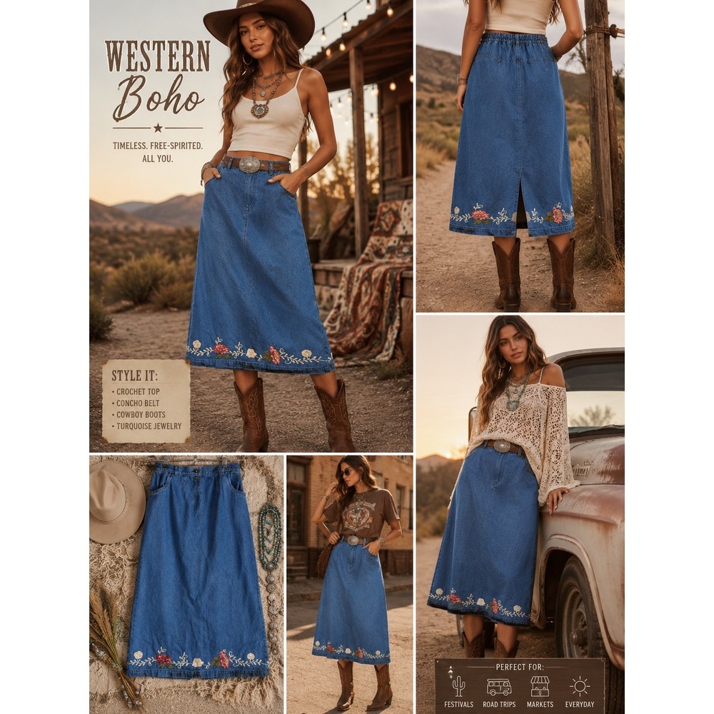 DENIM & CO Skirt Womens L Blue Denim Floral Embroidered Elastic Waist Midi
